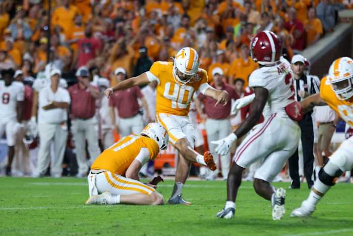 Oct 15, 2022; Knoxville, Tennessee, USA; Tennessee Volunteers place kicker Chase McGrath (40) kicks the game winning field goal against the Alabama Crimson Tide during the second half at Neyland Stadium.